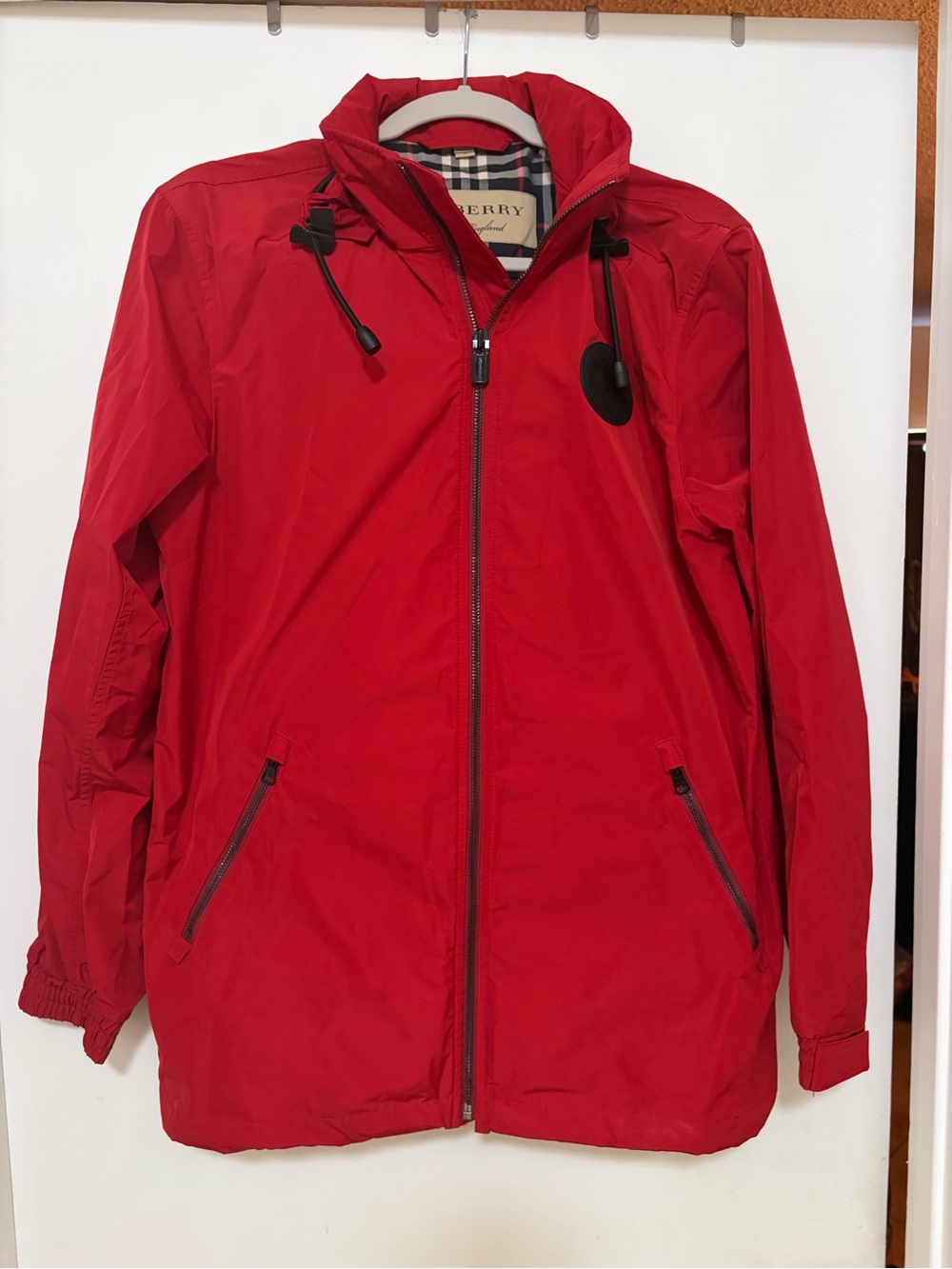 Burberry Red Men's Hooded Zip Raincoat